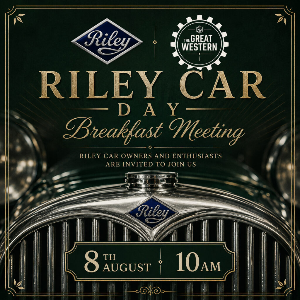 A vintage-style poster for a 'Riley Car Day Breakfast Meeting' featuring a classic car grille, the Riley logo, and event details: August 8th, 10 AM.