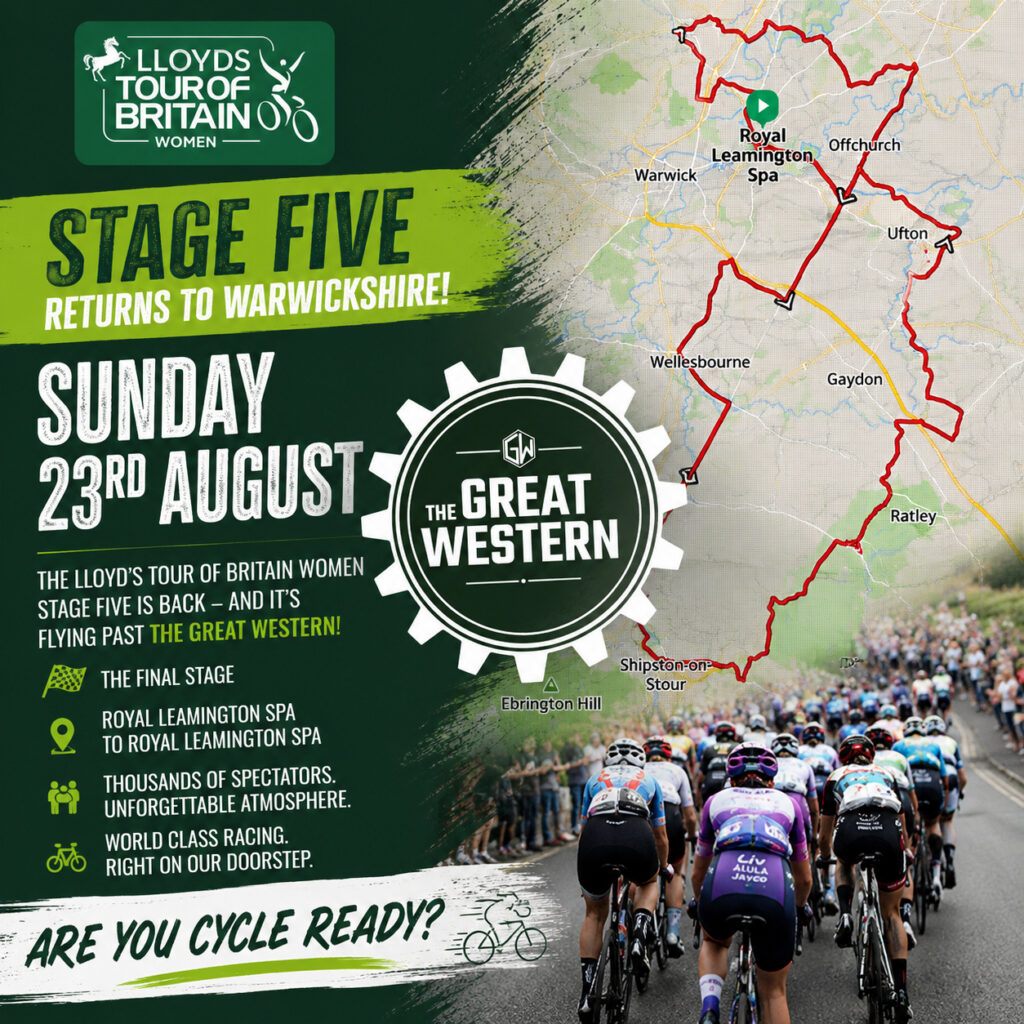 Promotional poster for Lloyds Tour of Britain Women, Stage Five, on August 23rd. Features a map of the race route in Warwickshire, text details, and a photo of female cyclists racing.