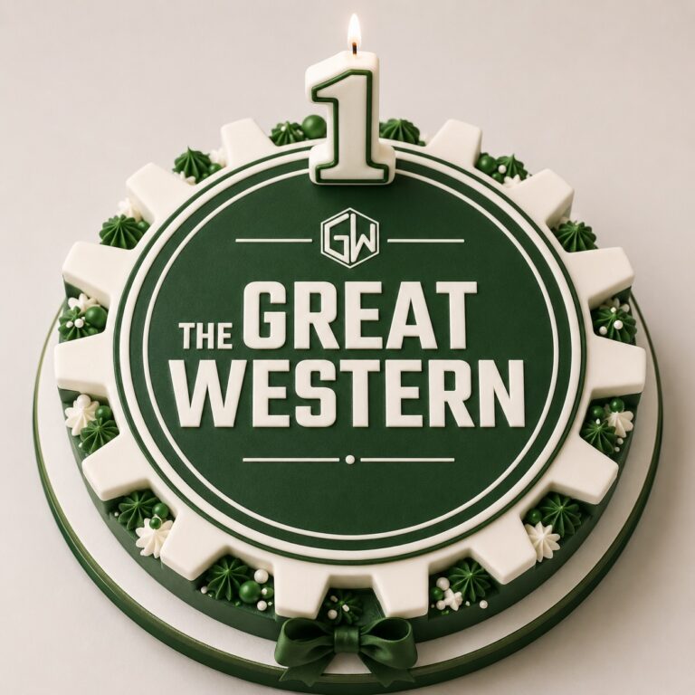 A dark green and white gear-shaped cake for 'The Great Western' with a lit number 1 candle on top. The cake features white text, a 'GW' logo, and decorative green and white frosting details.