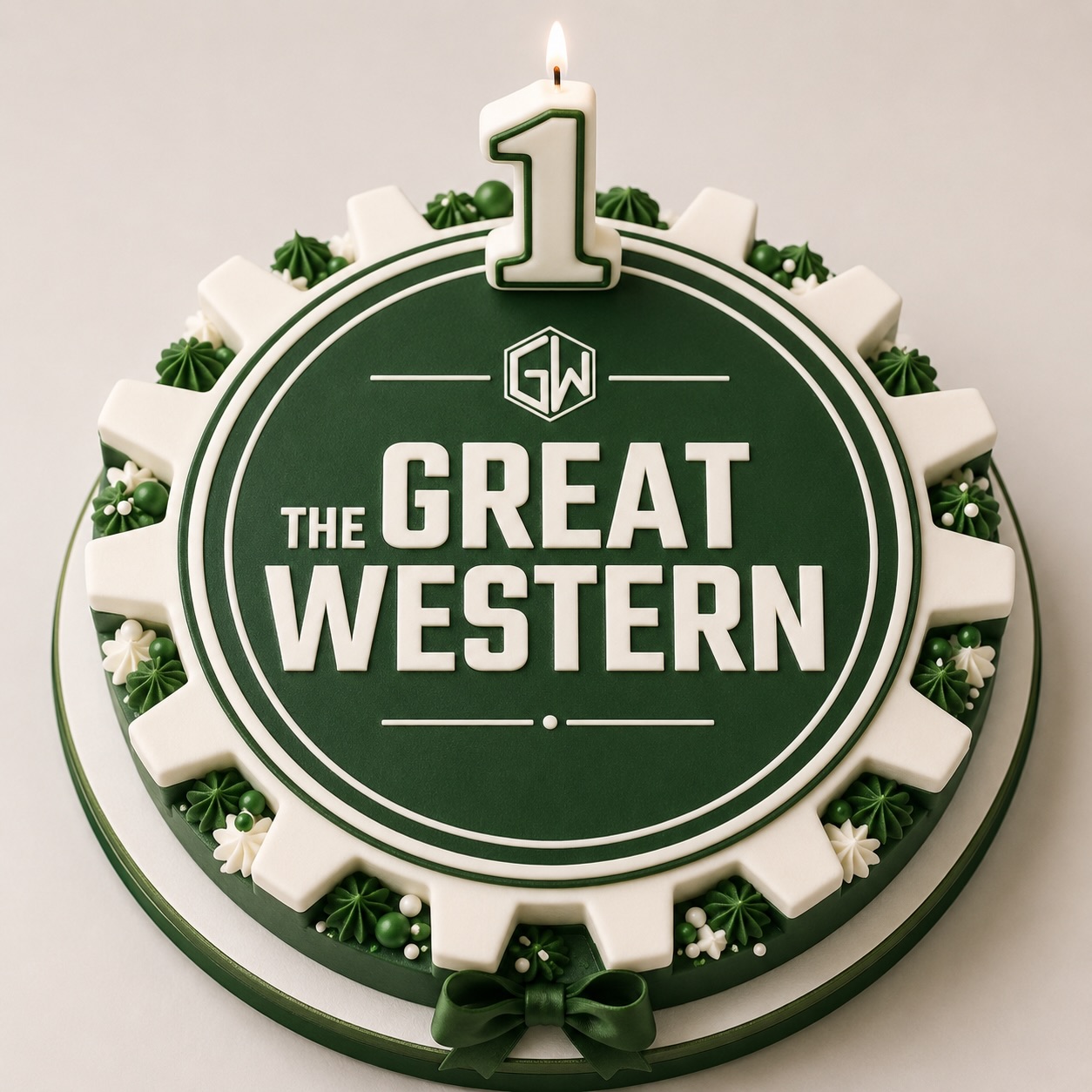 A dark green and white gear-shaped cake for 'The Great Western' with a lit number 1 candle on top. The cake features white text, a 'GW' logo, and decorative green and white frosting details.