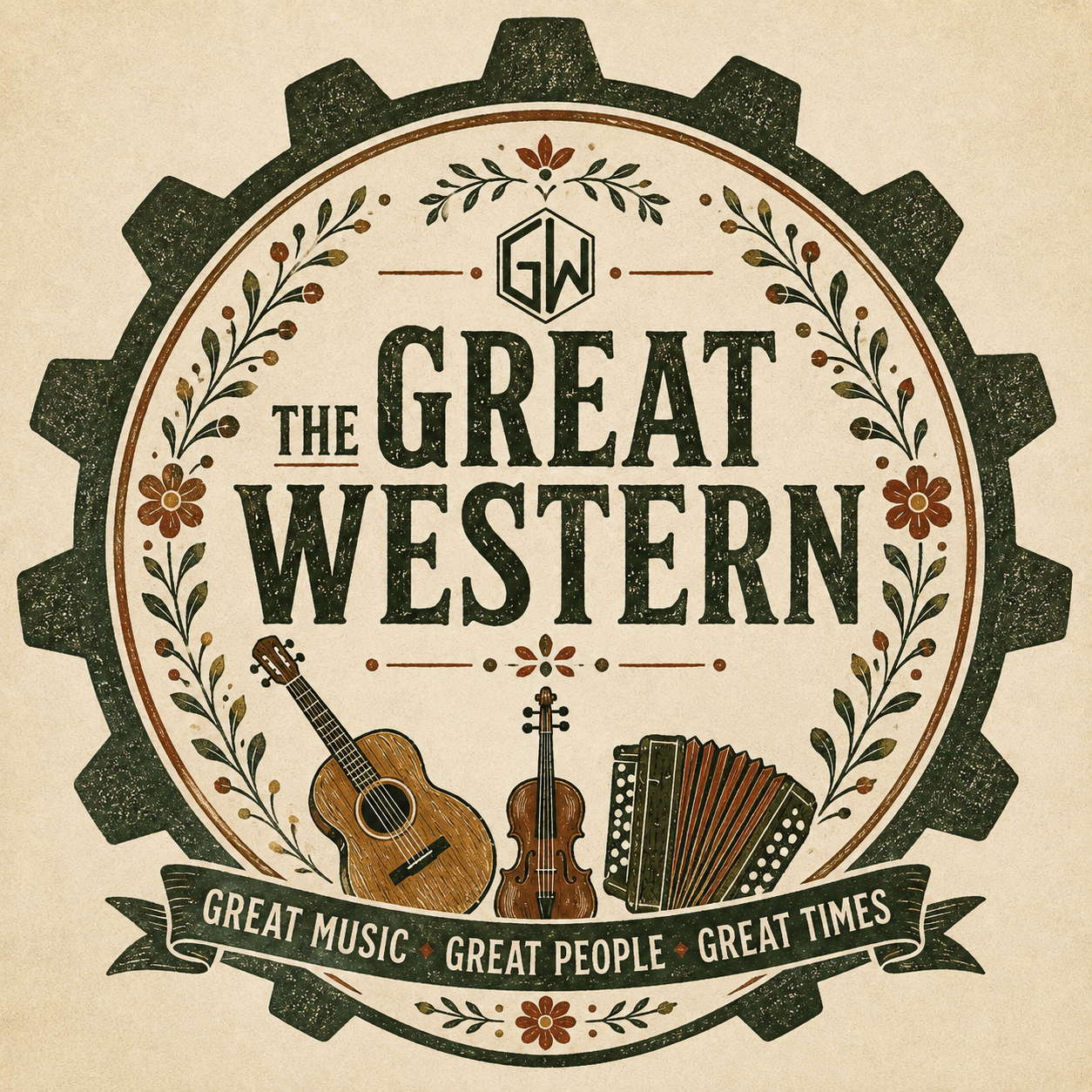 A vintage-style logo for 'The Great Western' featuring a gear border, musical instruments like a guitar, violin, and accordion, and the text 'Great Music Great People Great Times'.