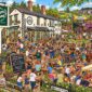 Illustration of a bustling pub garden, 'The Great Western,' filled with people eating, drinking, and enjoying live music and a DJ, with a train on a viaduct in the background.