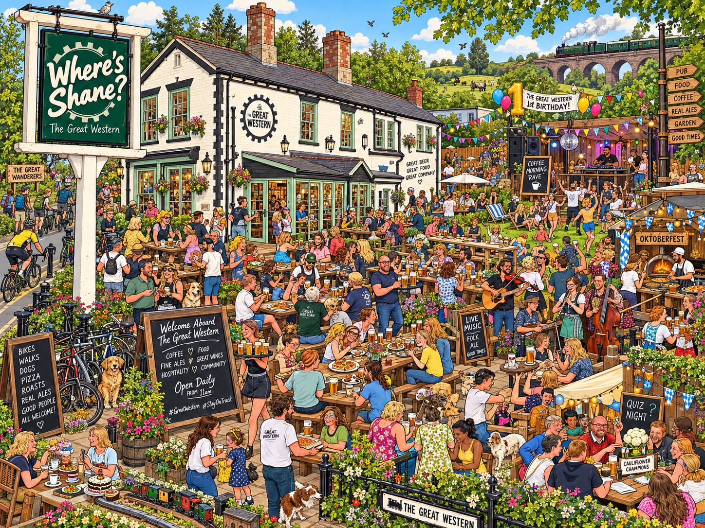Illustration of a bustling pub garden, 'The Great Western,' filled with people eating, drinking, and enjoying live music and a DJ, with a train on a viaduct in the background.