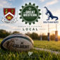 A muddy Gilbert rugby ball on a green field with rugby goalposts at sunset. Above are logos for Harbury R.F.C., The Great Western, and Southam RUFC, with text 'PROUD TO SUPPORT LOCAL' and 'OUR COMMUNITY'.