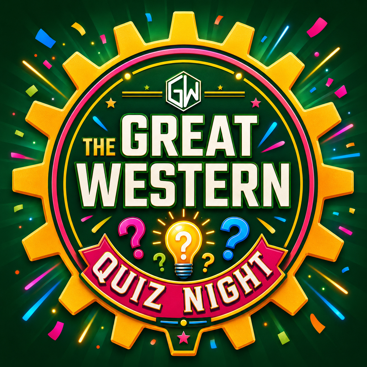 A vibrant poster for 'The Great Western Quiz Night' featuring a yellow cogwheel, white text, a lightbulb, and colorful confetti.