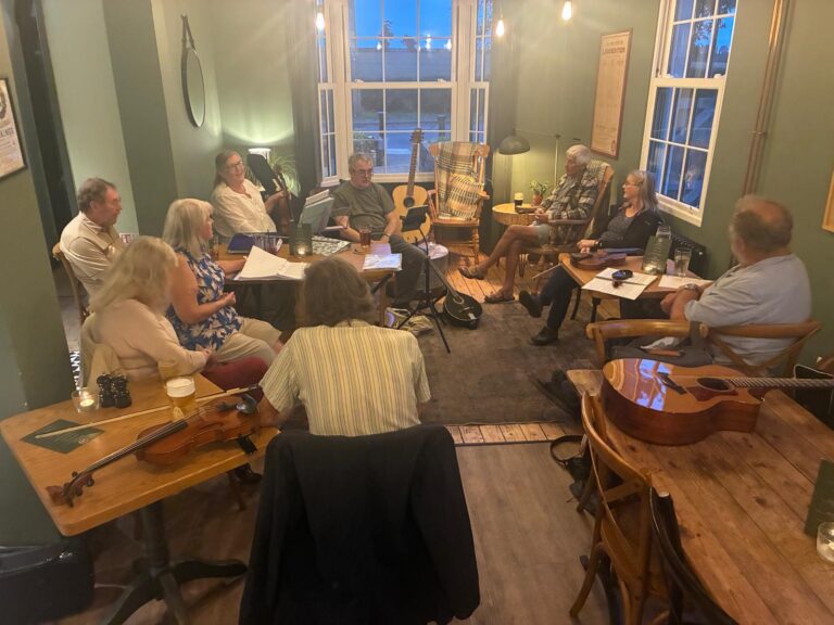 A group of adults gathered in a pub-like room with musical instruments, including guitars, violins, and a mandolin, for a jam session.