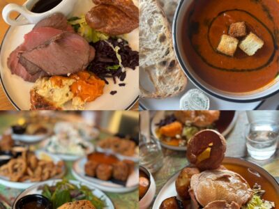 A four-panel collage showing various food items: roast beef dinner with gravy, tomato soup with bread, a sausage roll with salad, and a roast pork dinner with Yorkshire puddings.