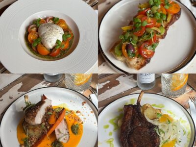 A four-panel collage of gourmet dishes: burrata with tomatoes and pesto, bruschetta with tomatoes and olives, chicken with carrot purée, and a pork chop with fennel and orange salad.