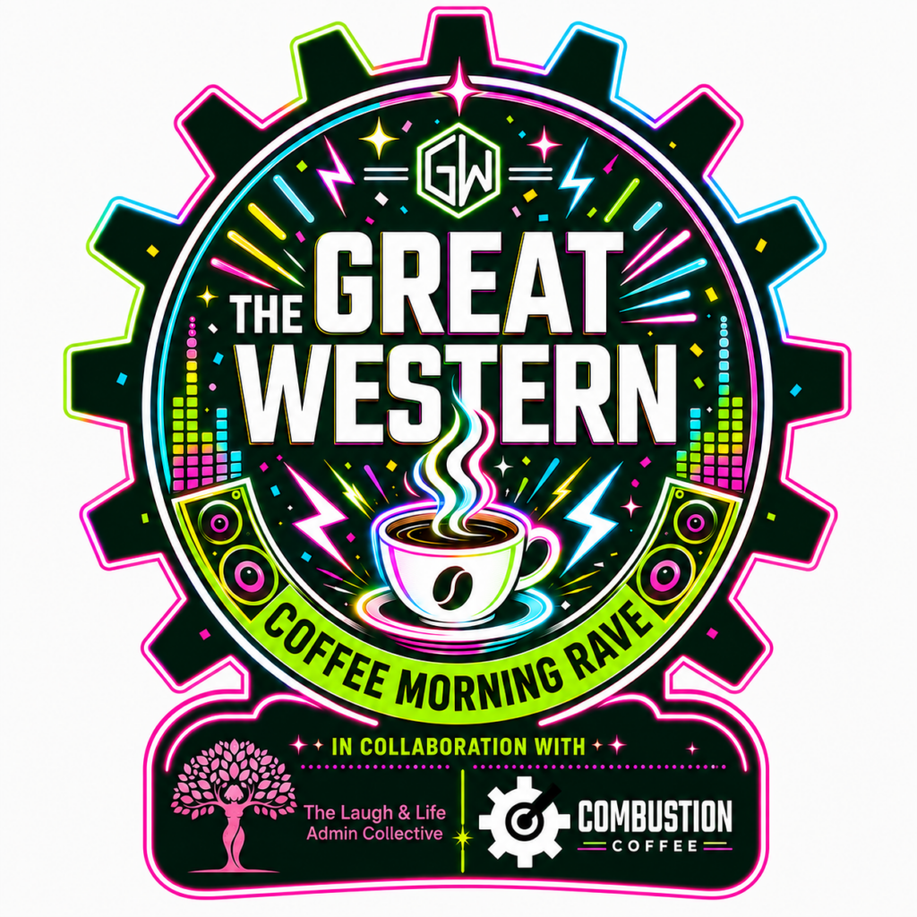 A neon-themed logo for 'The Great Western Coffee Morning Rave'. The design features a gear shape with bright pink, green, and blue outlines. Inside, a coffee cup with colorful steam is surrounded by rave elements like lightning bolts and equalizer bars. Collaboration logos for 'The Laugh & Life Admin Collective' and 'Combustion Coffee' are at the bottom.