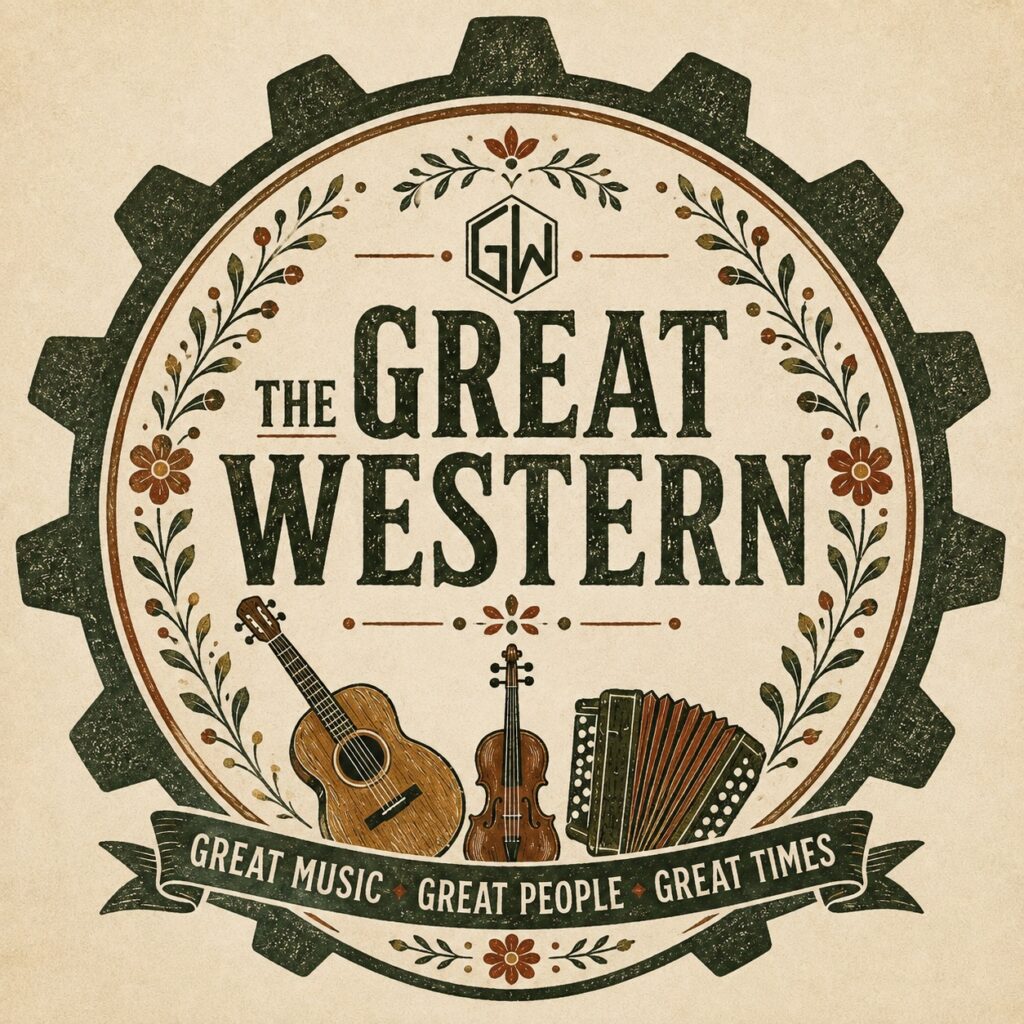 A vintage logo for 'The Great Western' featuring a gear outline, floral accents, an acoustic guitar, violin, and accordion, with text 'Great Music Great People Great Times'.