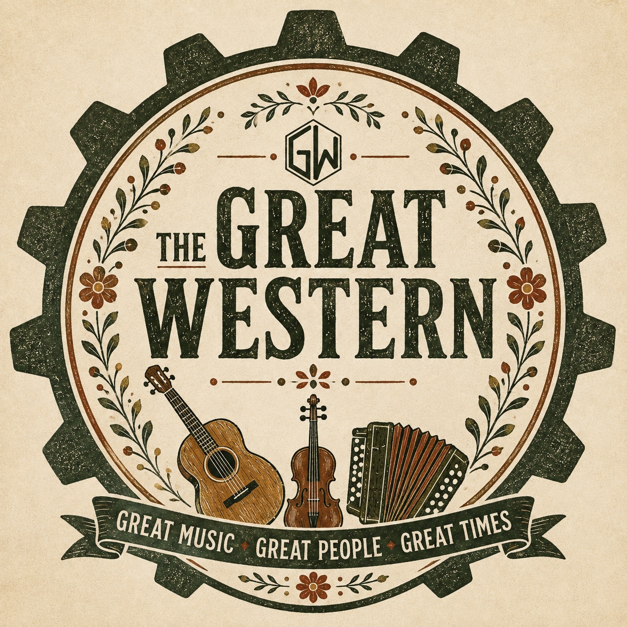 A vintage logo for 'The Great Western' featuring a gear outline, floral accents, an acoustic guitar, violin, and accordion, with text 'Great Music Great People Great Times'.
