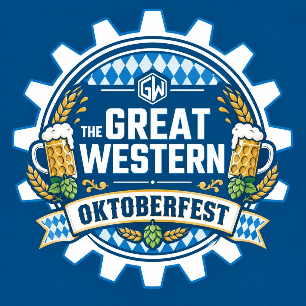 Logo for The Great Western Oktoberfest, featuring beer mugs, hops, wheat, and a Bavarian diamond pattern within a gear outline on a blue background.