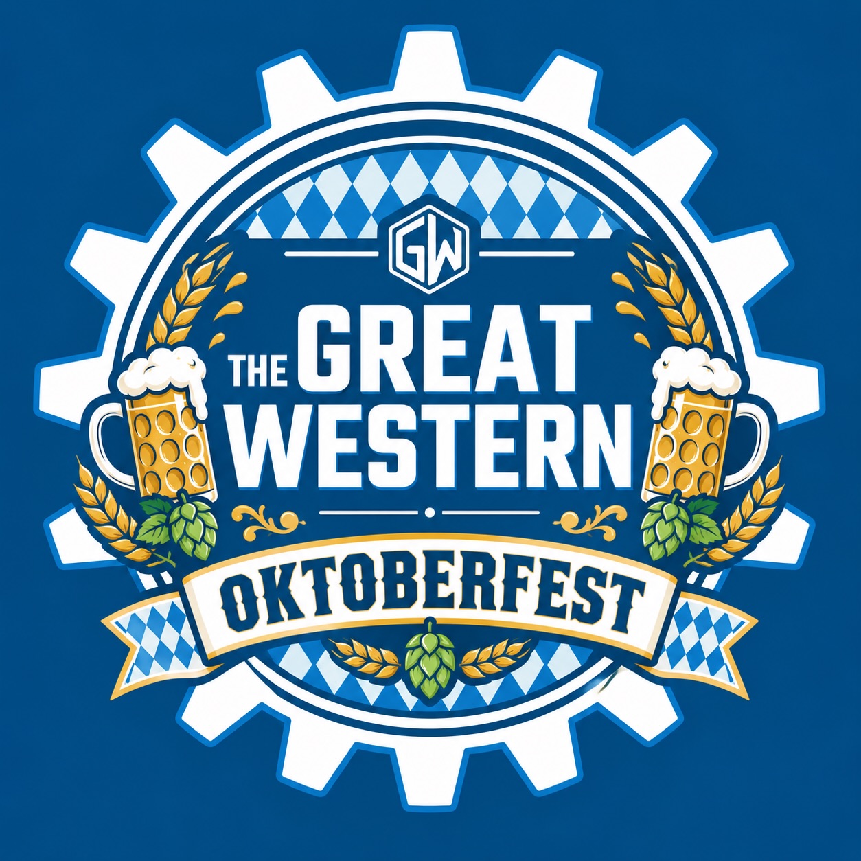 Logo for The Great Western Oktoberfest, featuring beer mugs, hops, wheat, and a Bavarian diamond pattern within a gear outline on a blue background.