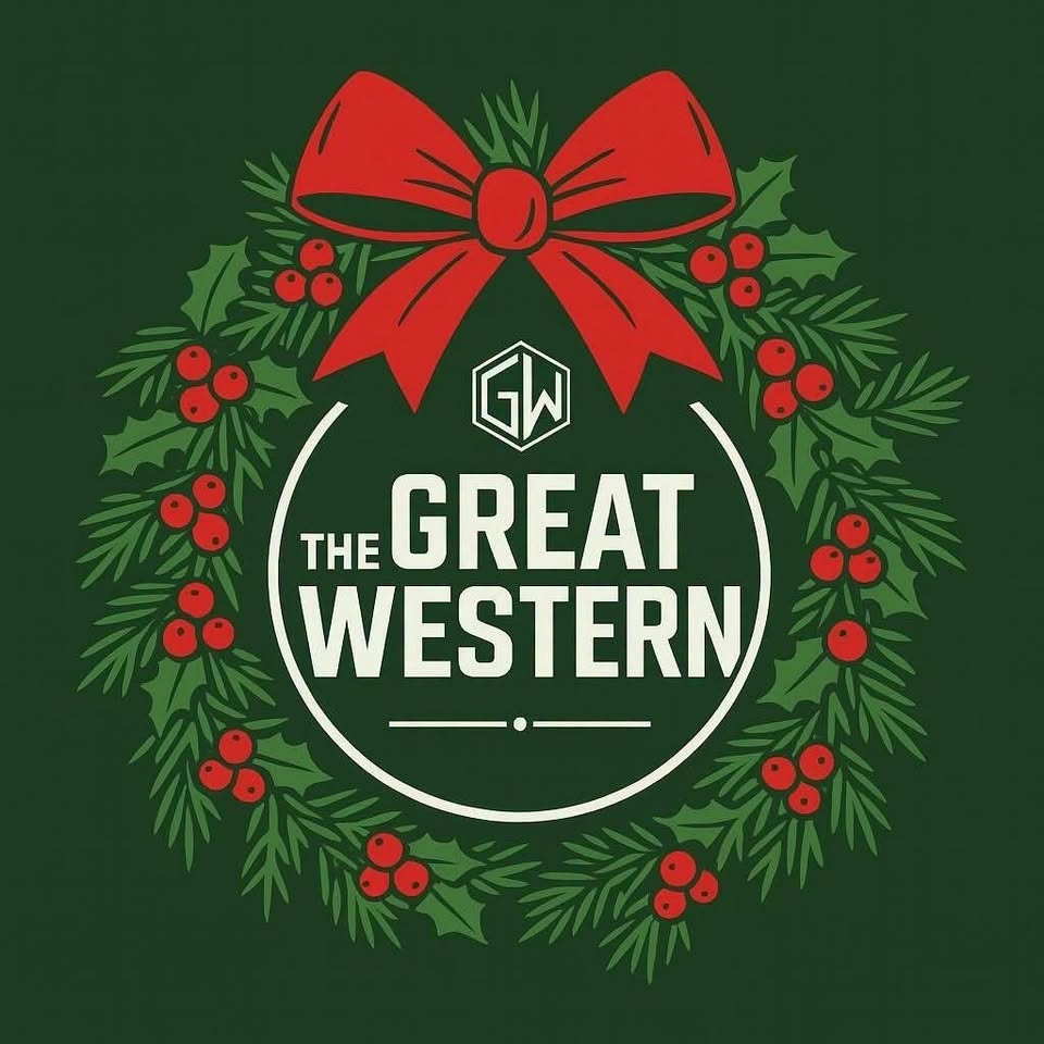 A Christmas wreath graphic with pine needles, holly, red berries, and a red bow. The text 'THE GREAT WESTERN' and a 'GW' logo are centered within the wreath.