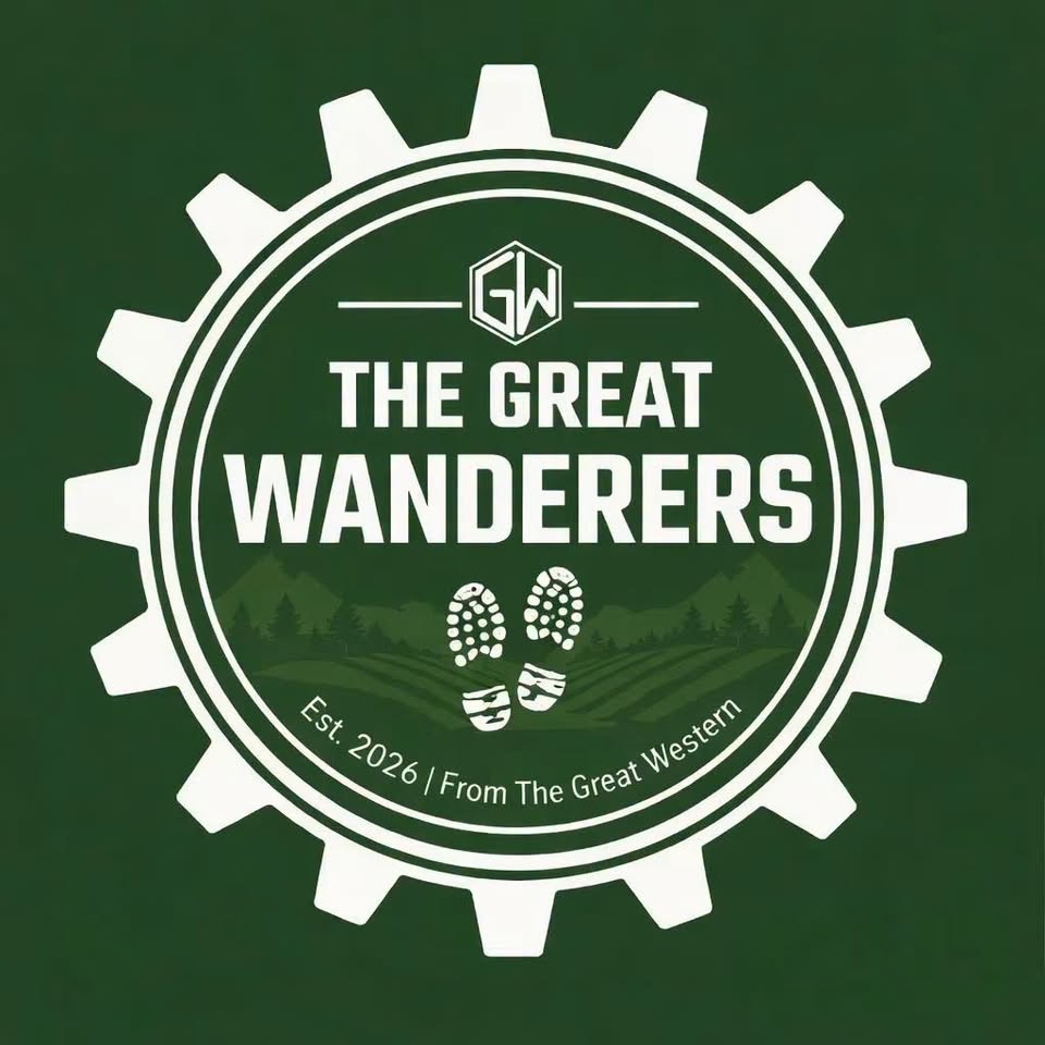 Logo for The Great Wanderers. White gear outline with a circular center showing mountains, footprints, and the text 'THE GREAT WANDERERS', 'GW', and 'Est. 2026 | From The Great Western' on a dark green background.