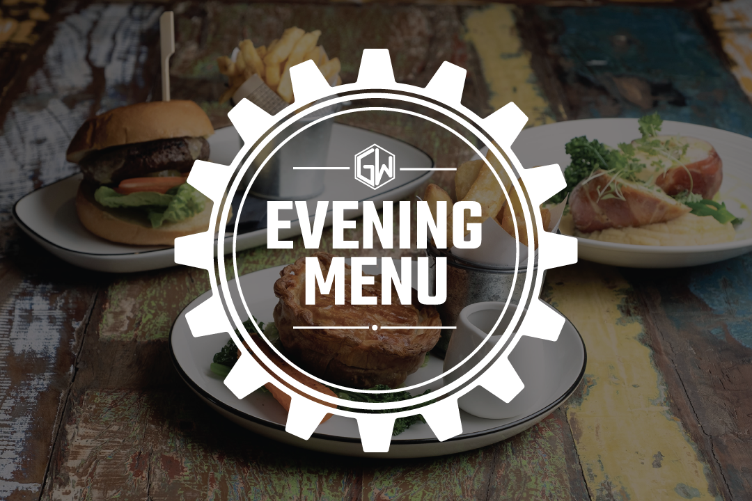 evening-menu Three plates of food on a rustic wooden table, including a burger, a pie, and bacon-wrapped dishes, with an 'EVENING MENU' graphic overlay.