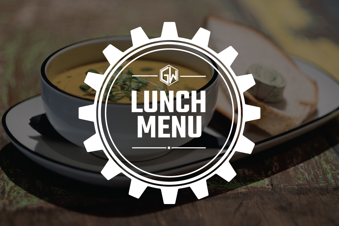 lunch-menu A bowl of creamy soup garnished with herbs and a slice of bread with green butter, overlaid with a white graphic that reads 'LUNCH MENU' inside a gear design.